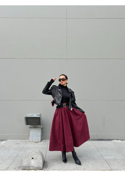 Bordo Poplin Beli Lastikli Uzun Etek 27321