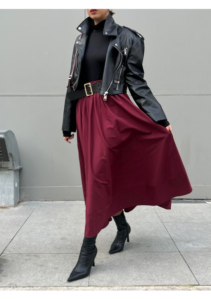 Bordo Poplin Beli Lastikli Uzun Etek 27321 modelleri
