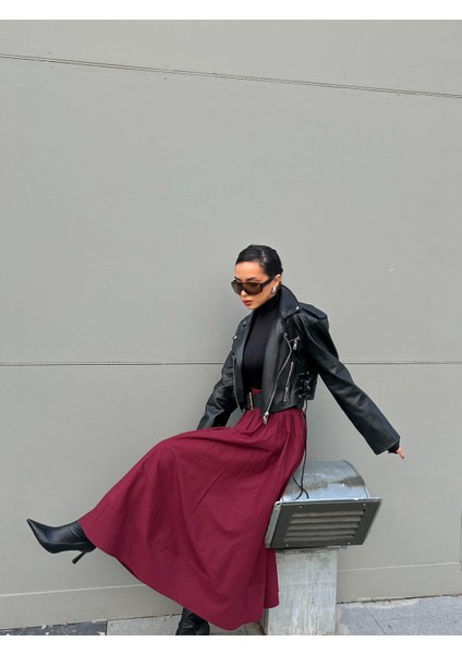 Bordo Poplin Beli Lastikli Uzun Etek 27321 fırsatları