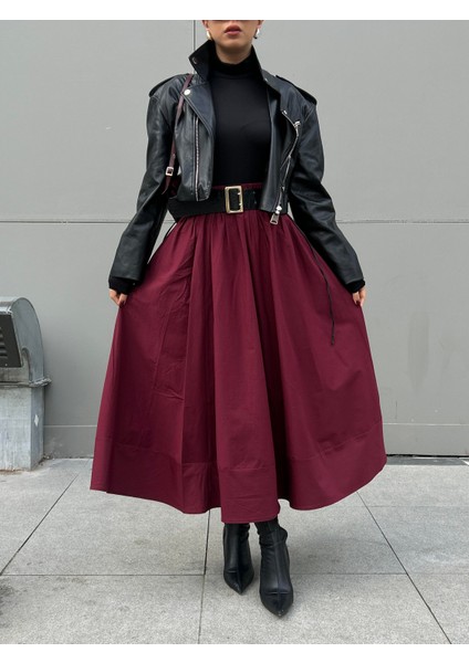 Bordo Poplin Beli Lastikli Uzun Etek 27321 indirimleri