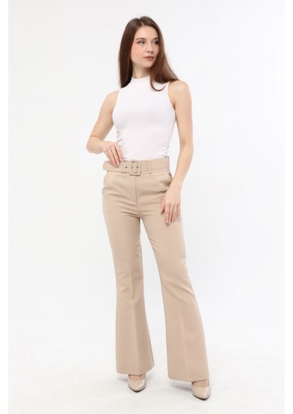 Kadın Ispanyol Paça Klasik Kemerli Kumaş Pantolon - Taş fiyatları