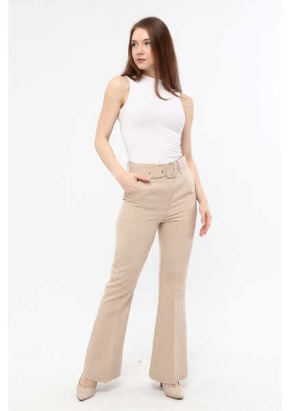 Kadın Ispanyol Paça Klasik Kemerli Kumaş Pantolon - Taş modelleri