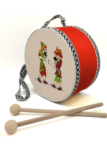 Karagöz ve Hacivat Baskılı Gerçek Deri, Oyuncak Çocuk Davulu 1 5 Yaş Kırmızı