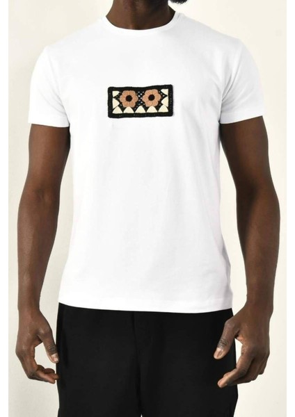 Çiçekli Örgü Detay Bisiklet Yaka Tshirt fiyatları