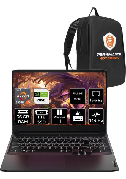 Ideapad Gaming 3 Amd Ryzen 5 5500H 36GB 1tb SSD RTX2050/4GB 15.6" Fhd 144Hz W11H Taşınabilir Bilgisayar & Per4 Çanta 82K202BRTXP383