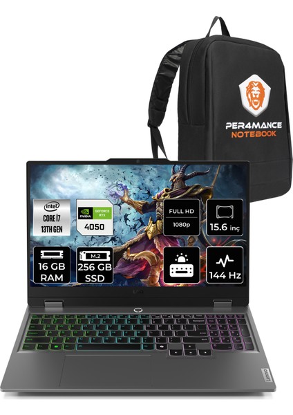 LOQ Intel Core i7 13650HX 16GB 256GB SSD RTX4050/6GB 105W 15.6" FHD 144Hz FDOS Taşınabilir Bilgisayar & PER4 Çanta 83DV00G7TRP306