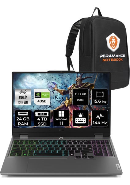 LOQ Intel Core i7 13650HX 24GB 4TB SSD RTX4050/6GB 105W 15.6" FHD 144Hz W11H Taşınabilir Bilgisayar & PER4 Çanta 83DV00G7TRP355
