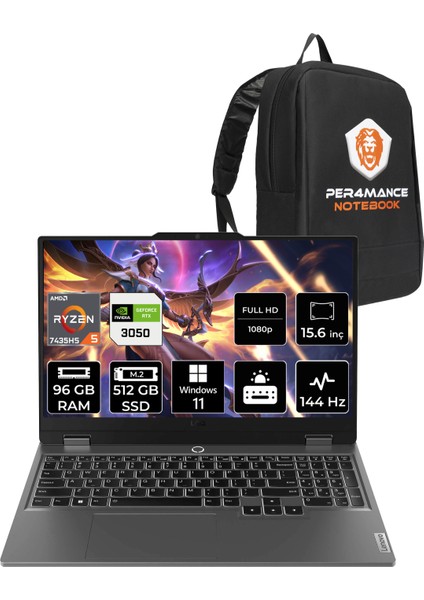 Loq Amd Ryzen 5 7235HS 96GB 512GB SSD RTX3050/6GB 95W 15.6" Fhd 144Hz W11H Taşınabilir Bilgisayar & Per4 Çanta 83JC000QTRP377
