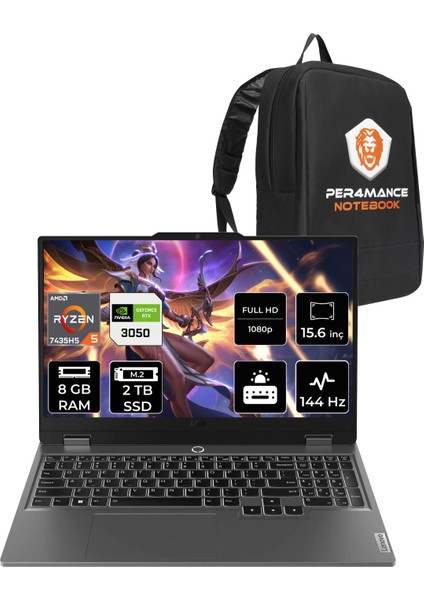 Loq Amd Ryzen 5 7235HS 8gb 2tb SSD RTX3050/6GB 95W 15.6" Fhd 144Hz Fdos Taşınabilir Bilgisayar & Per4 Çanta 83JC000QTRP304