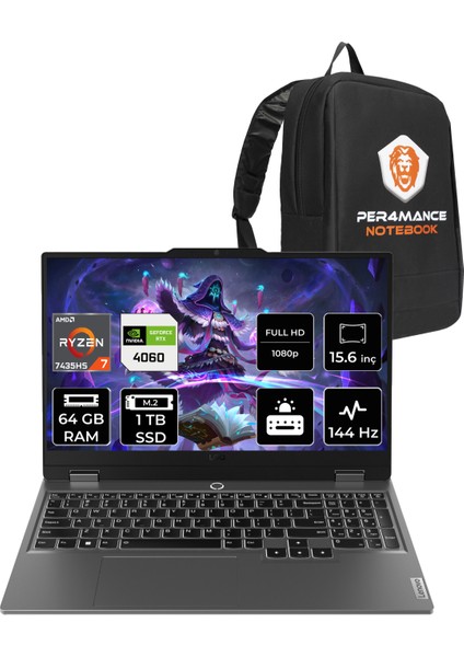 LOQ AMD Ryzen 7 7435HS 64GB 1TB SSD RTX4060/8GB 105W 15.6" FHD 144Hz FDOS Taşınabilir Bilgisayar & PER4 Çanta 83JC000UTRP333