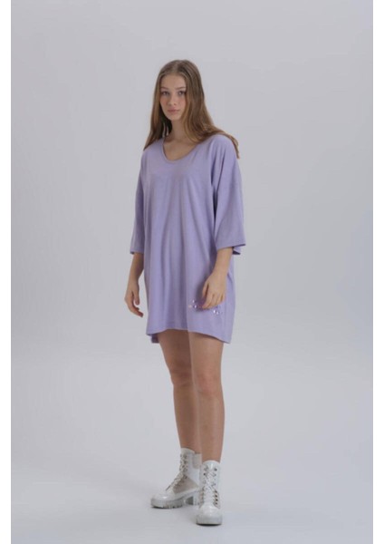 Kadın Sırt Baskı Detay Oversize T-Shirt Elbise