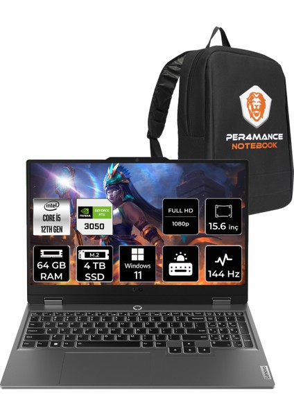 Loq Intel Core I5 12450HX 64GB 4tb SSD RTX3050/6GB 95W 15.6" Fhd 144Hz W11P Taşınabilir Bilgisayar & Per4 Çanta 83GS0099TRP415