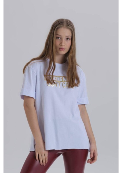 Kadın Breaking News Baskı Yandan Yırtmaçlı Bisiklet Yaka Örme T-Shirt