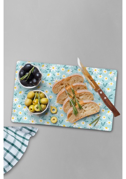 Mavi Papatya Desenli | Temperli Cam Kesme Tahtası - Cam Kesme Tablası 30*40 cm