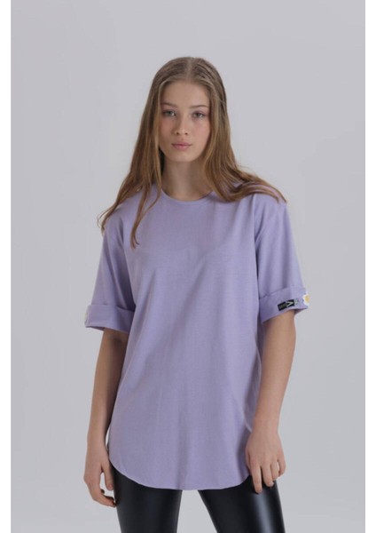 Kadın Papatya Kol Detay Asimetrik Kesim Bisiklet Yaka Örme T-Shirt