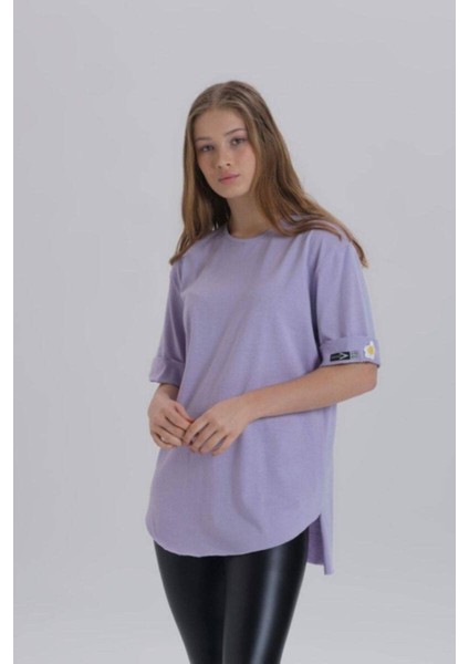 Kadın Papatya Kol Detay Asimetrik Kesim Bisiklet Yaka Örme T-Shirt fiyatları