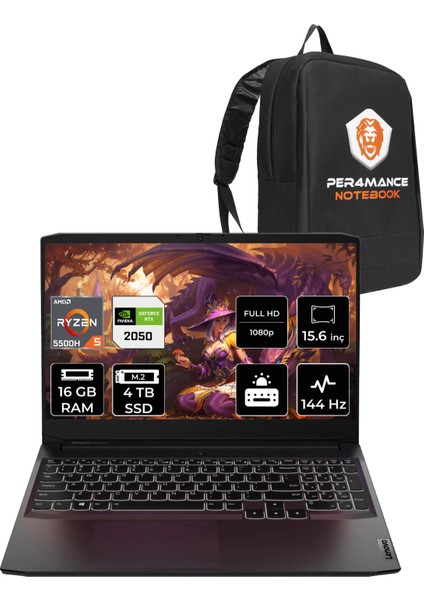 Ideapad Gaming 3 Amd Ryzen 5 5500H 16GB 4tb SSD RTX2050/4GB 15.6" Fhd 144Hz Fdos Taşınabilir Bilgisayar & Per4 Çanta 82K202BRTXP315