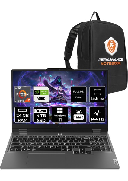 LOQ AMD Ryzen 7 7435HS 24GB 4TB SSD RTX4060/8GB 105W 15.6" FHD 144Hz W11H Taşınabilir Bilgisayar & PER4 Çanta 83JC000UTRP355