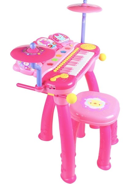 Oturma Sandalyeli Piyano Bateri Seti 24 Tuşlu Mp3 Çalar Mikrofonlu Pembe