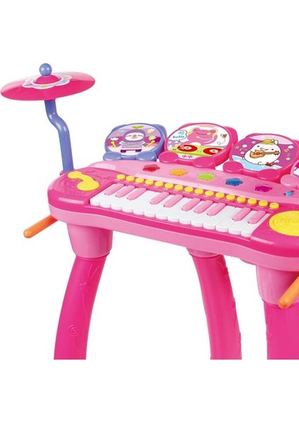 Oturma Sandalyeli Piyano Bateri Seti 24 Tuşlu Mp3 Çalar Mikrofonlu Pembe