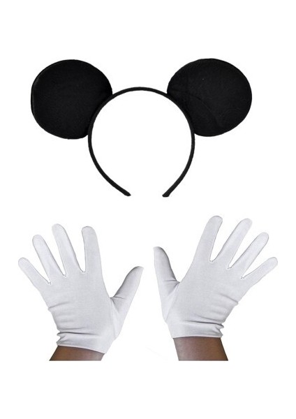 Siyah Mickey Mouse Tacı ve Beyaz Eldiven Seti