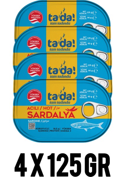 Tada Acılı Sardalya Konserve 4x 125GR (Hazır Yemek.ton Balığı.şarküteri Deniz Ürünleri.hazır Konserve.)