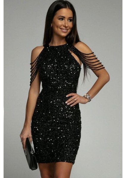 Kadın Siyah Taş Detaylı Abiye Elbise NBEMP2119