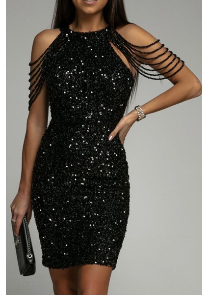 Kadın Siyah Taş Detaylı Abiye Elbise NBEMP2119 fiyatları