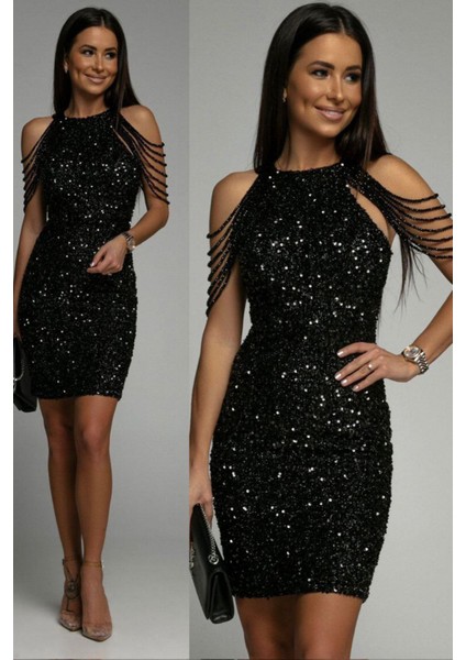 Kadın Siyah Taş Detaylı Abiye Elbise NBEMP2119 modelleri