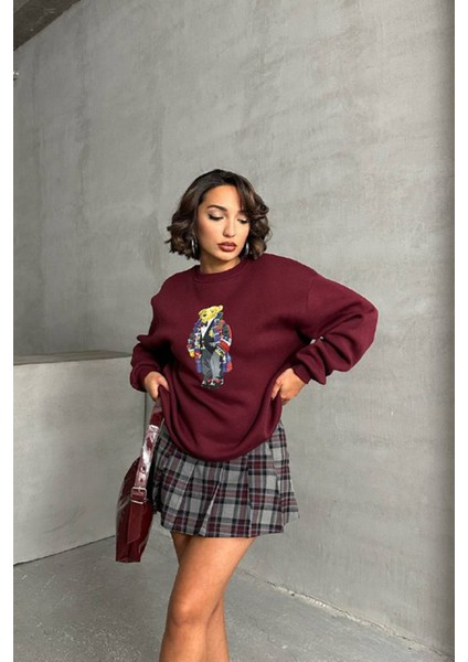 Kadın Bordo Nakışlı Sweatshirt NBG059