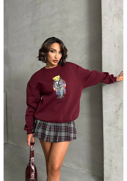 Kadın Bordo Nakışlı Sweatshirt NBG059