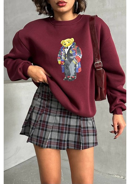 Kadın Bordo Nakışlı Sweatshirt NBG059