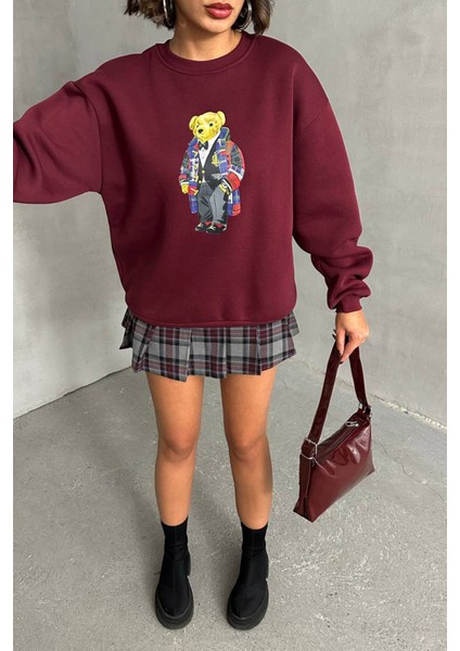 Kadın Bordo Nakışlı Sweatshirt NBG059