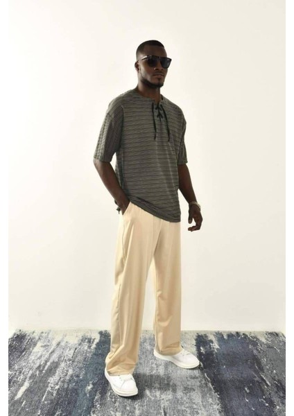 Yeşil Bağcıklı Yaka Detaylı Oversize Tshirt