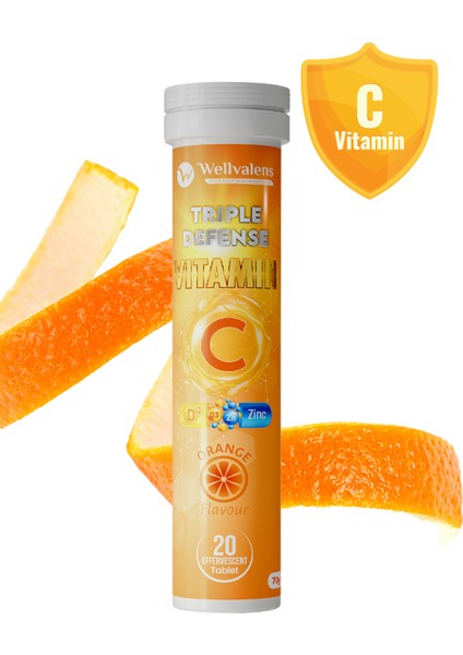 Triple Defence – C Vitamini, D Vitamini ve Çinko İçeren Portakal Aromalı 20 Efervesan Tablet