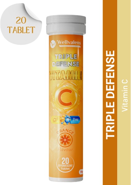 Triple Defence – C Vitamini, D Vitamini ve Çinko İçeren Portakal Aromalı 20 Efervesan Tablet