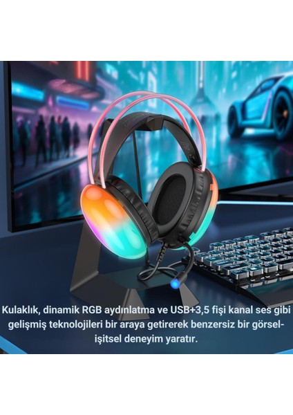 Rgb Işıklı 2 Metre USB 7.1 ve 3.5mm Kablolu Mikrofonlu Oyuncu Kulaklığı, Profesyonel Kulaklık