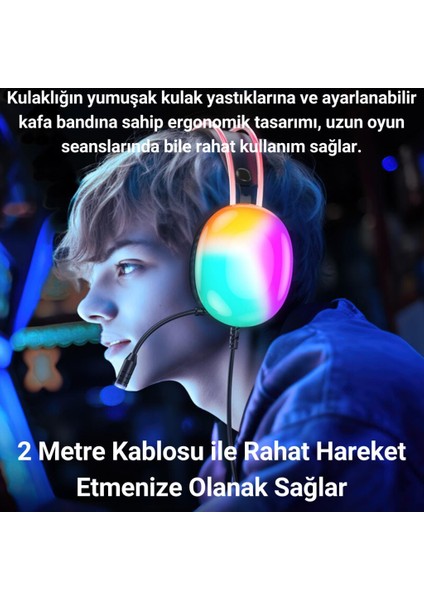 Rgb Işıklı 2 Metre USB 7.1 ve 3.5mm Kablolu Mikrofonlu Oyuncu Kulaklığı, Profesyonel Kulaklık