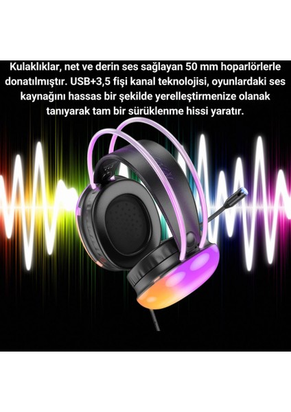 Rgb Işıklı 2 Metre USB 7.1 ve 3.5mm Kablolu Mikrofonlu Oyuncu Kulaklığı, Profesyonel Kulaklık