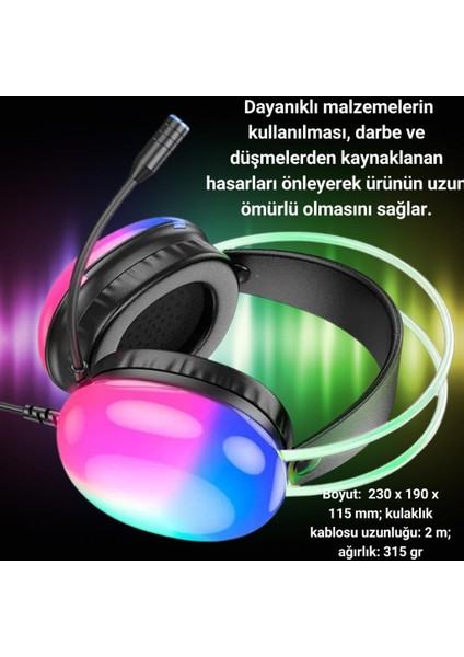 Rgb Işıklı 2 Metre USB 7.1 ve 3.5mm Kablolu Mikrofonlu Oyuncu Kulaklığı, Profesyonel Kulaklık