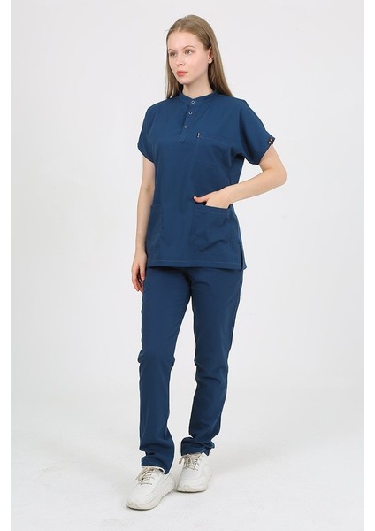Plumeria Hakim Yaka Petrol Mavi Unisex Uniforma (Likralı) M - Takım - Hayır Isim Yazılmasın