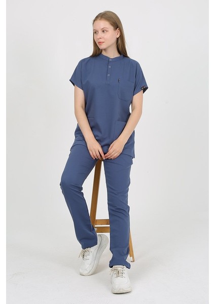 Plumeria Hakim Yaka Indigo Uniforma (Likralı) S - Takım - Hayır Isim Yazılmasın