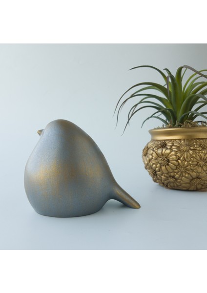 Dekoratif Tombul Kuş Soyut Biblo (Füme-Altın) Ev Hediyesi