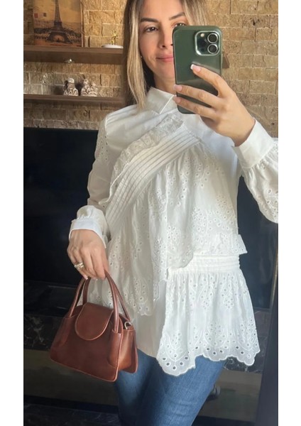 Fisto Fırfır ve Brode Nakış Detaylı Kadın Beyaz Tunik Gömlek