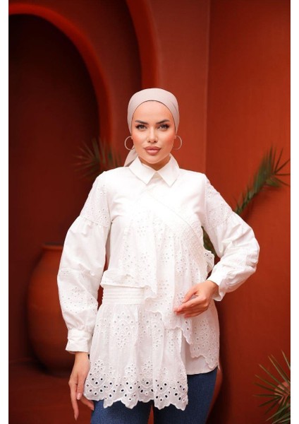 Fisto Fırfır ve Brode Nakış Detaylı Kadın Beyaz Tunik Gömlek fiyatları