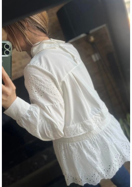 Fisto Fırfır ve Brode Nakış Detaylı Kadın Beyaz Tunik Gömlek modelleri