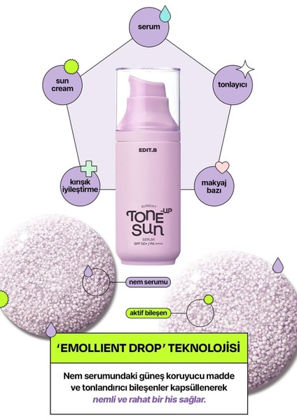 Makyaj Bazı Olarak Da Kullanılabilen Nemlendirici Aydınlatıcı Etkili Edıt.b Tone-Up Sun Serum SPF50 modelleri
