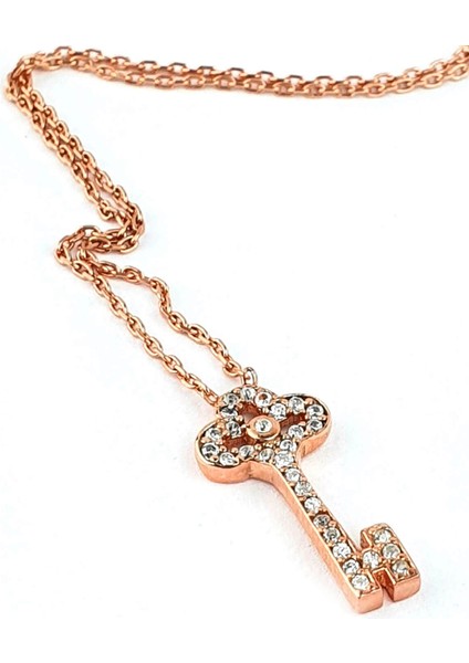 Zirkon Taşlı 925 Ayar Gümüş Rose Anahtar Kolye fiyatları