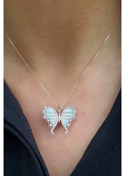 Mine Işçiliği Zirkon Taşlı 925 Ayar Gümüş Rose Kelebek Kolye