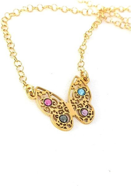 Swarovski Taşlı 925AYAR Gümüş Üzerine Altın Kaplama Kelebek Kolye